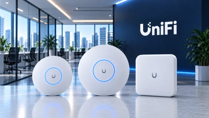 Equipamentos UniFi em um ambiente corporativo moderno