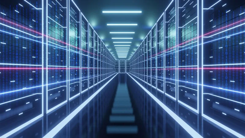 Corredor de data center com racks de rede corporativa