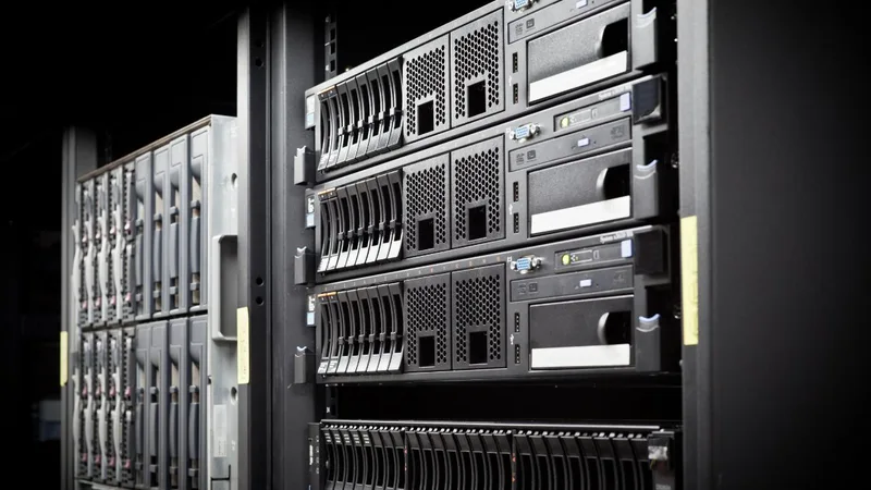 Servidores instalados em rack corporativo iluminado