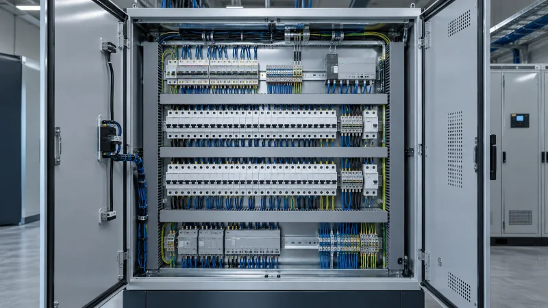 Quadro elétrico com disjuntores e cabeamento organizado em canaletas