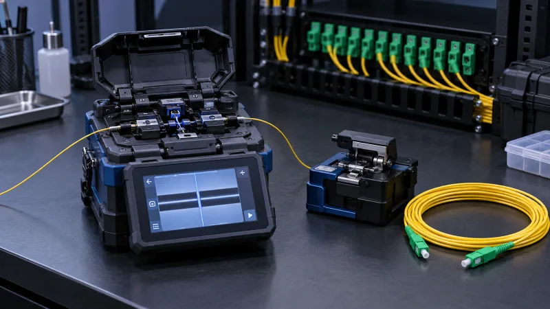 Máquina de fusão, clivador e cabos de fibra óptica em uma bancada técnica
